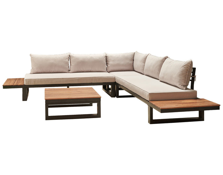 Salome - salon bas de jardin 5 places + table - modulable - bois, métal et coussins beiges