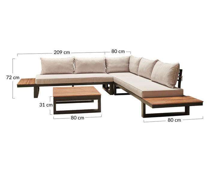 Salome - salon bas de jardin 5 places + table - modulable - bois, métal et coussins beiges