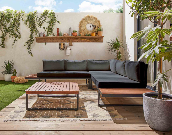 Yulara - salon de jardin en bois et métal - 5 places - coussins gris