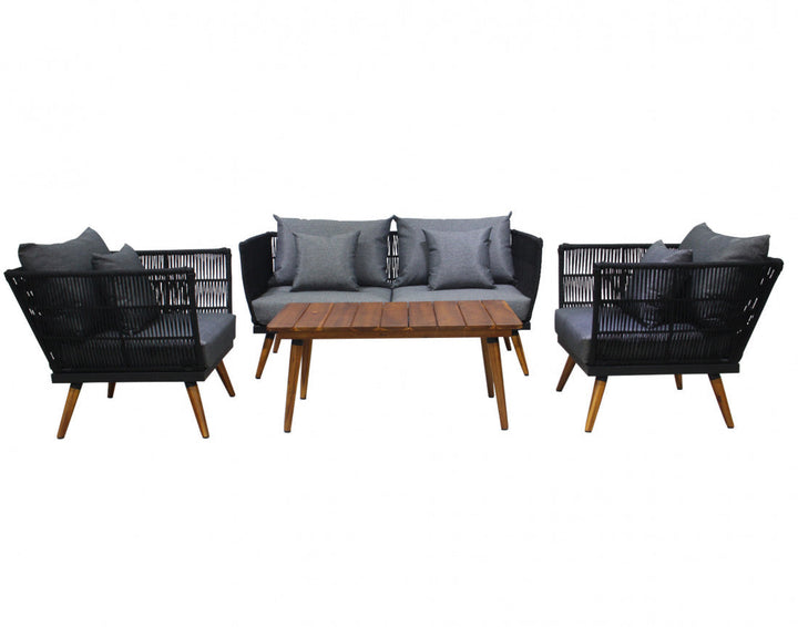TIAGO - salon bas de jardin 4 places + table - corde et bois - noir et coussins gris