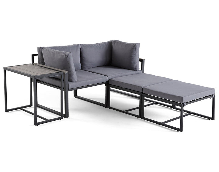 Beyla – salon de jardin modulable en acier noir - 4 places - coussins gris