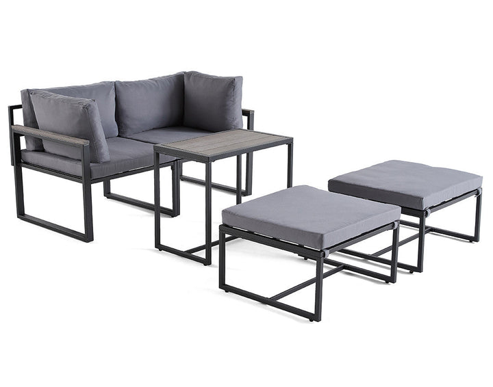 Beyla – salon de jardin modulable en acier noir - 4 places - coussins gris